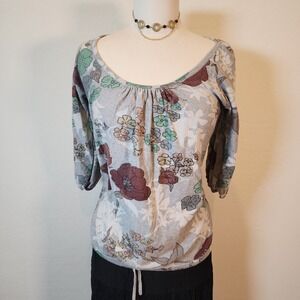 American Rag Gray Floral Print Knit‎ Top Blouse 3/4 Sleeve Size L